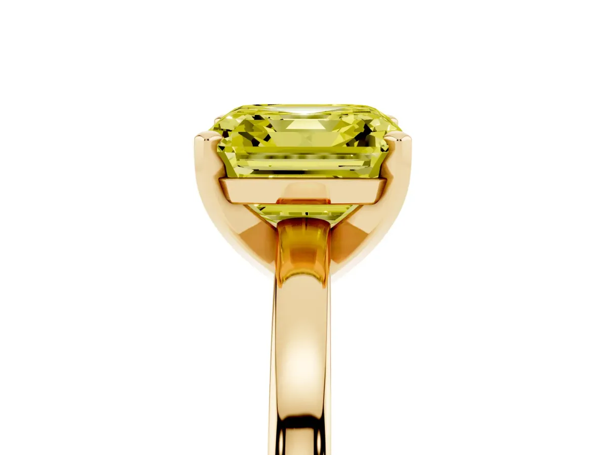 Fancy Yellow Asscher Cut Solitaire Diamond Engagement Ring with Four-Prong Setting on a Classic Band Yellow gold