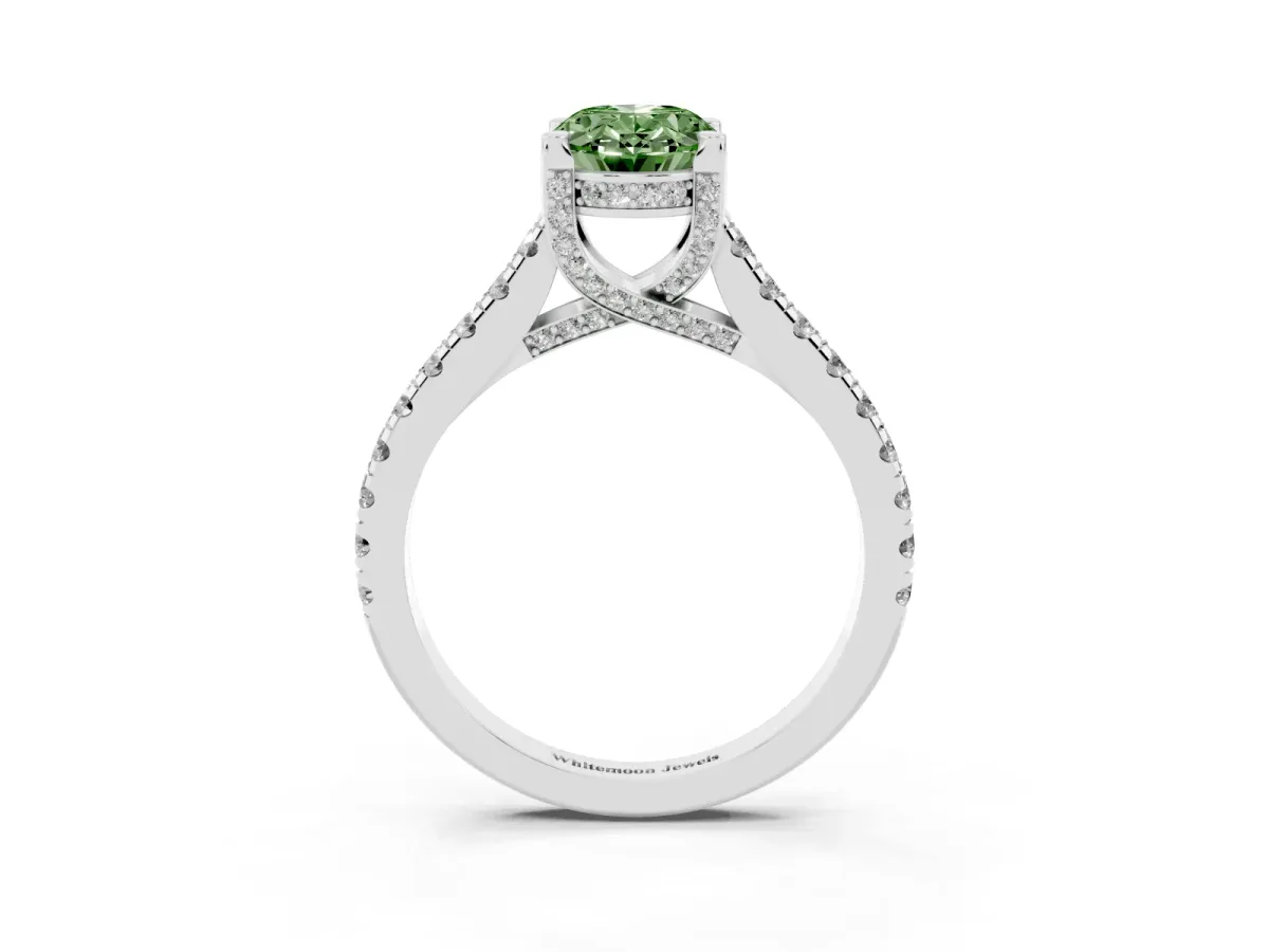 Fancy Green Oval Cut Brilliant Diamond Solitaire with Pavé Band and Four-Prong Setting Silver