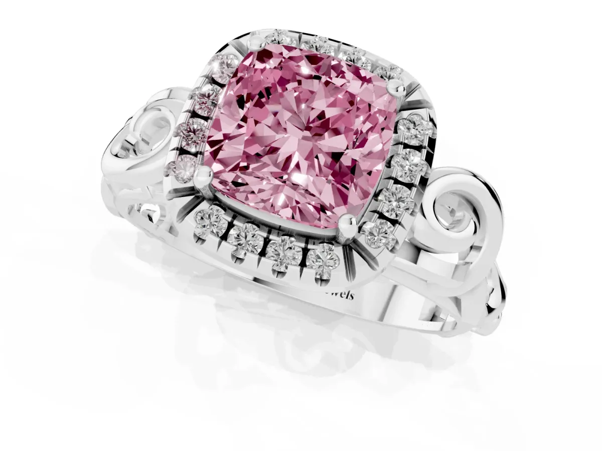 Fancy Pink Cushion Cut Cut Halo Diamond Ring with Scrollwork Band and Four-Prong Setting Silver