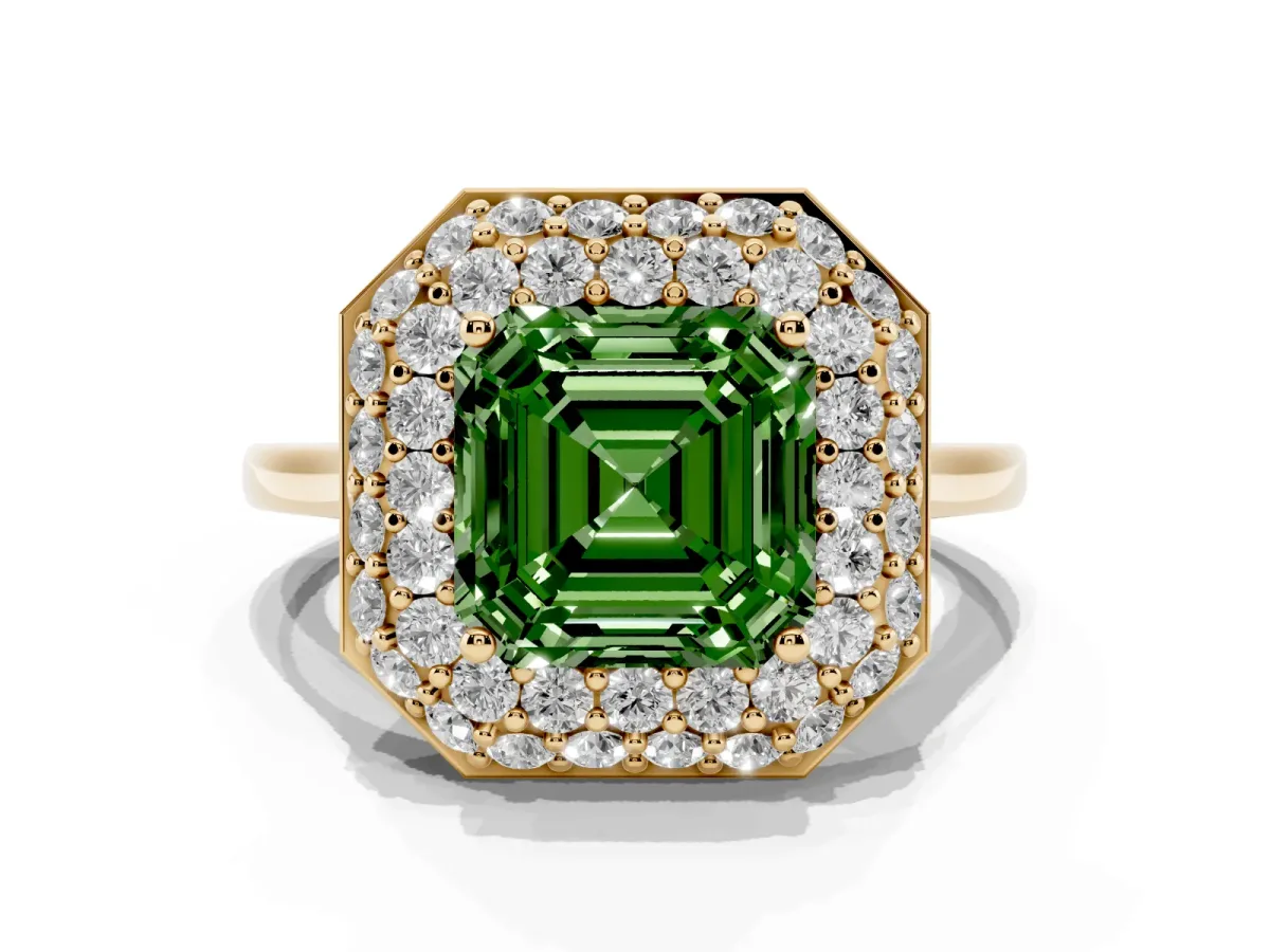 Fancy Green Asscher Cut Halo Diamond Engagement Ring with Solitaire Band and Four-Prong Setting Yellow gold