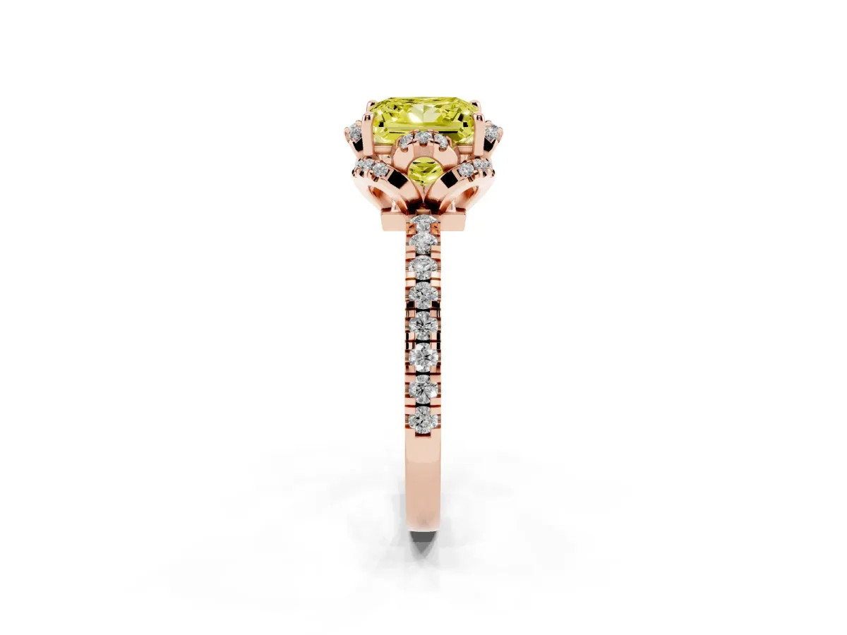 Fancy Yellow Princess Cut Diamond Halo Pave Band with Four-Prong Setting Rose gold