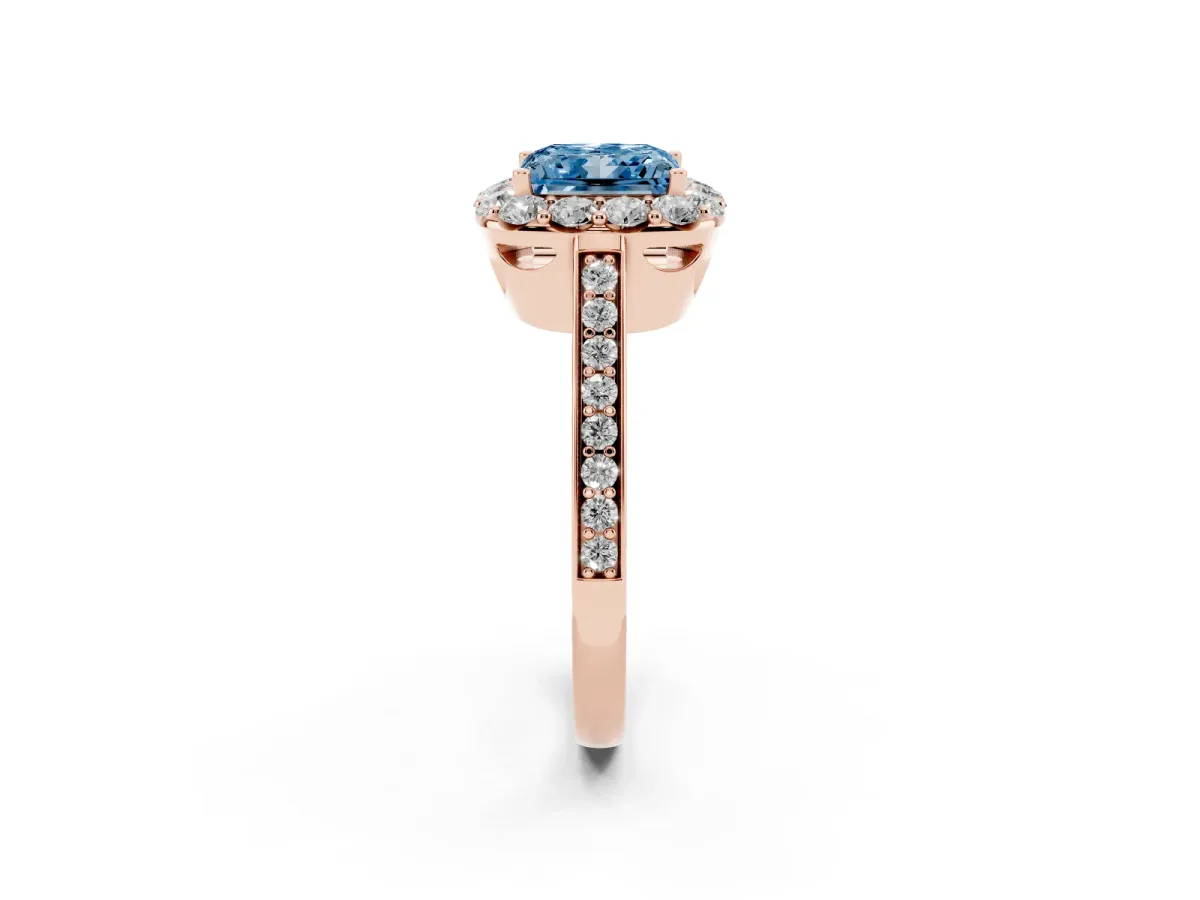 Fancy Blue Princess Cut Diamond Floral Halo Ring with Pavé Band and Prong Setting Rose gold