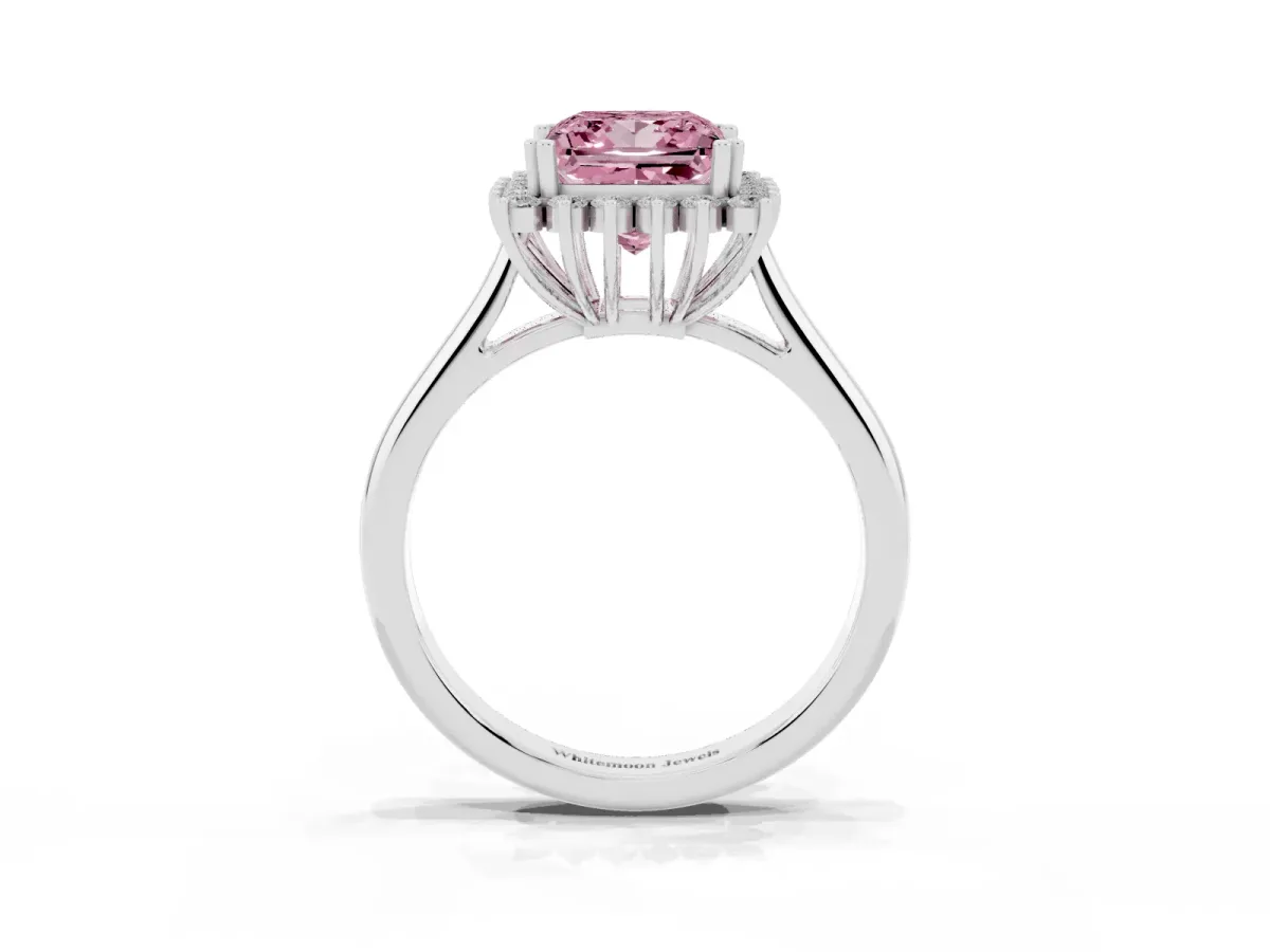 Fancy Pink Princess Cut Cut Diamond Halo Ring with Solitaire Band and Prong Setting Silver