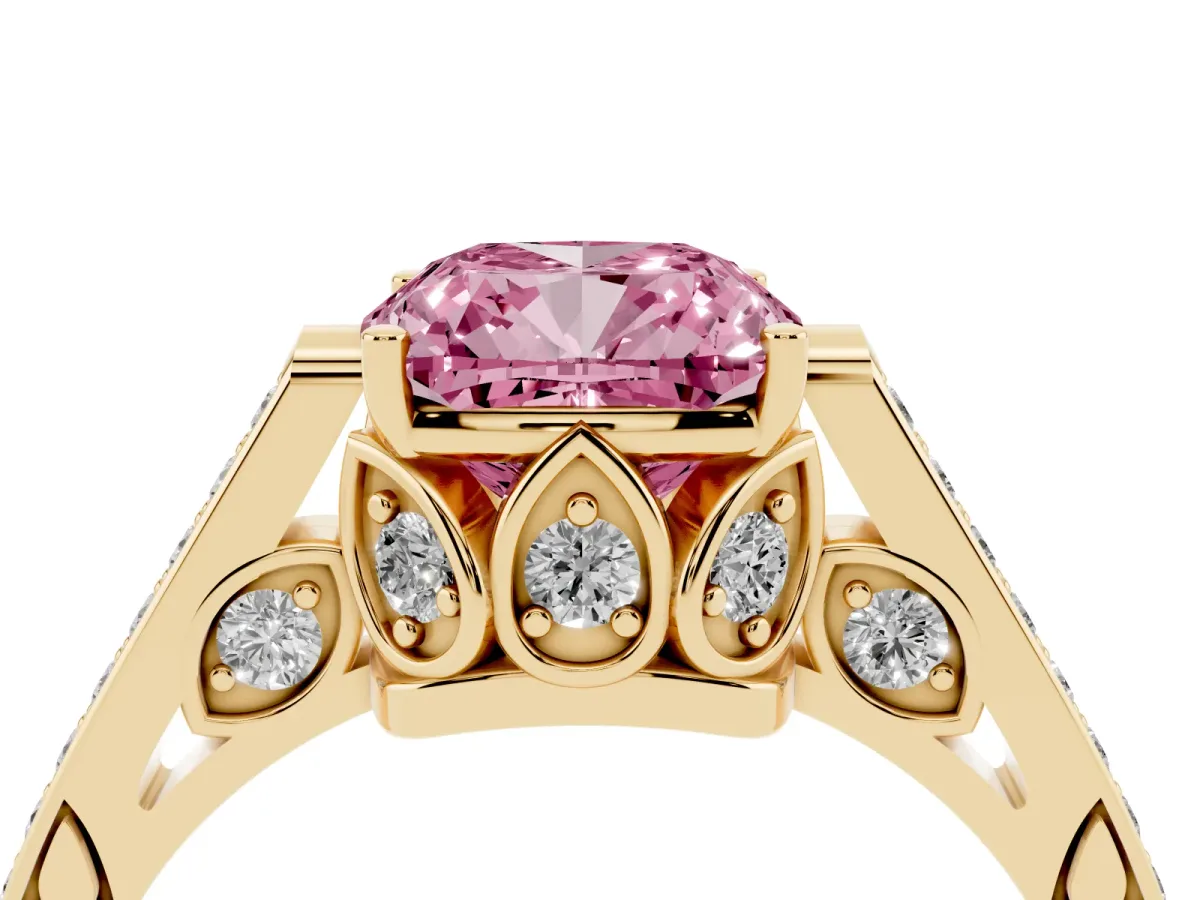 Fancy Pink Cushion Cut Cut Cathedral Pave Diamond Engagement Ring with Six-Prong Setting Yellow gold