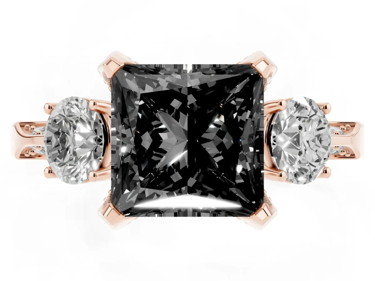 Fancy Black Princess Cut Brilliant Three-Stone Diamond Ring with Pavé Band and Four-Prong Setting Rose gold