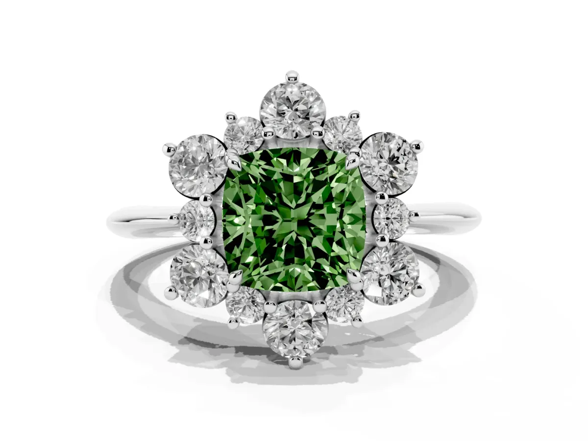 Fancy Green Cushion Cut Diamond Cluster Halo Ring with Solitaire Band and Four-Prong Setting White gold