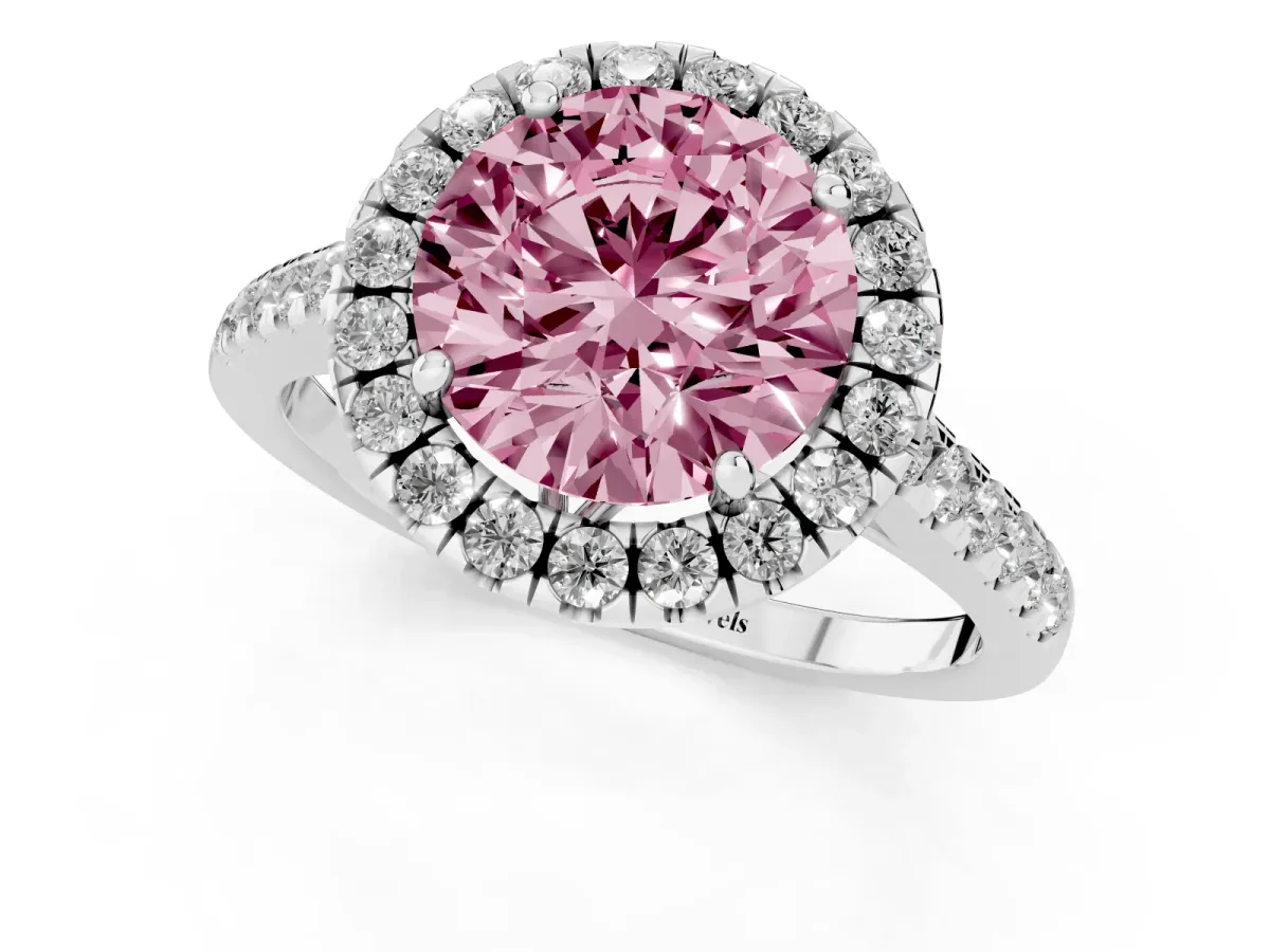 Fancy Pink Round Cut Halo Pavé Diamond Engagement Ring with Four-Prong Setting Silver