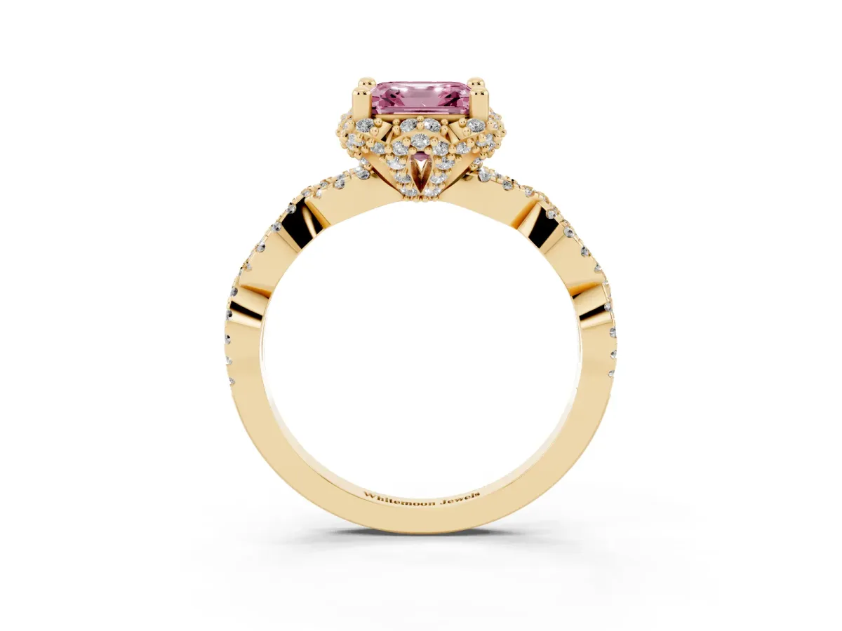 Fancy Pink Asscher Cut Halo Twist Band Solitaire Ring with Six-Prong Setting Yellow gold