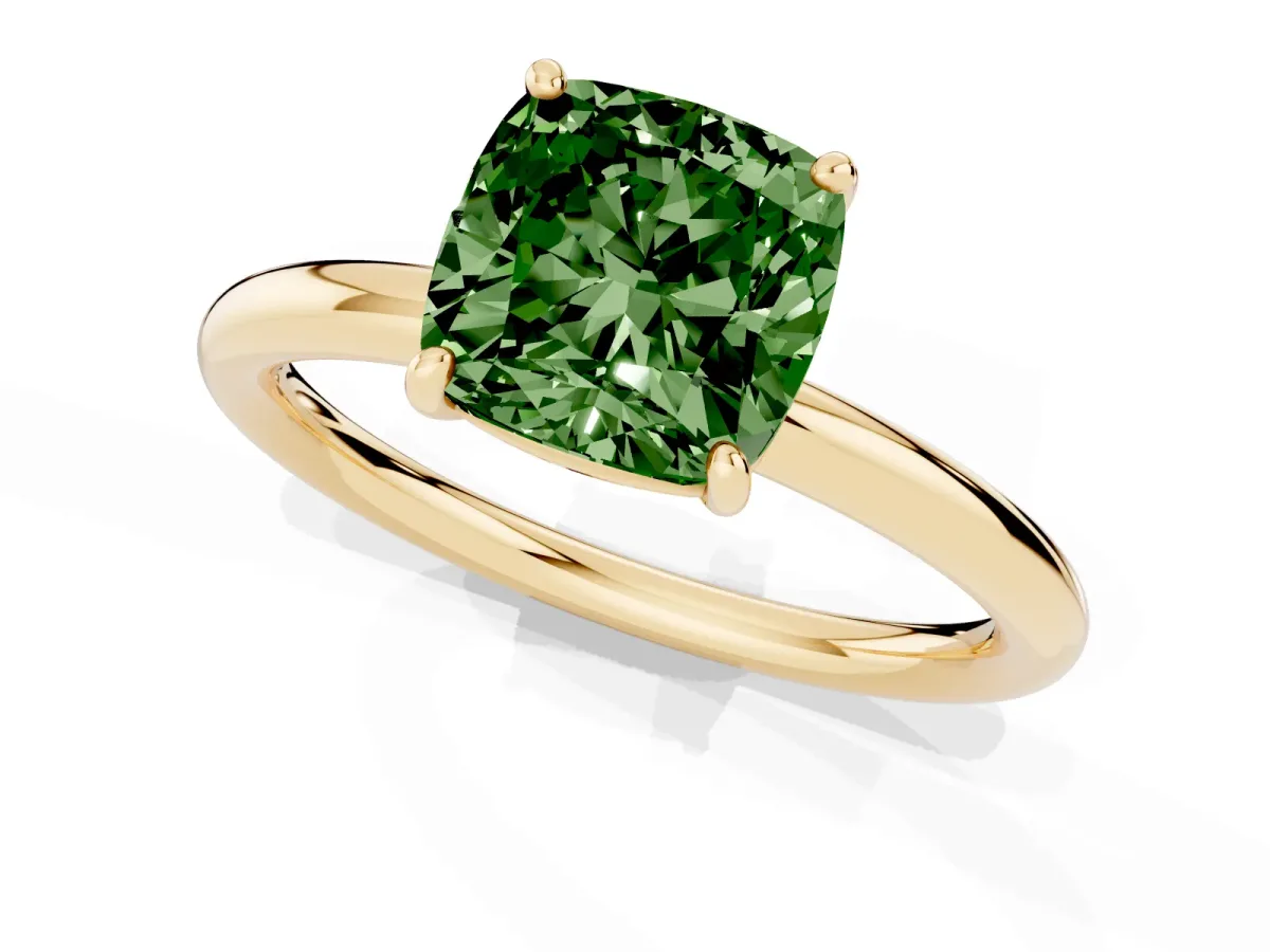 Fancy Green Cushion Cut Solitaire Diamond Ring with Four-Prong Setting on a Plain Band Yellow gold