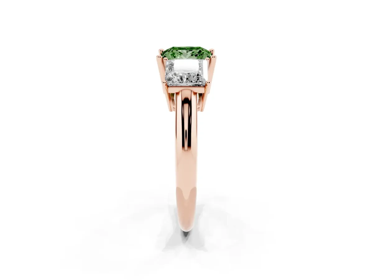 Fancy Green Three-Stone Princess Cut Cut Diamond Engagement Ring with Prong Setting on a White Gold Band Rose gold