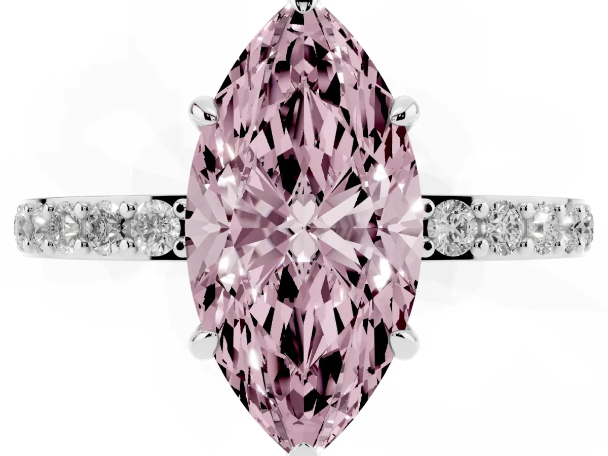Fancy Pink Marquise Cut Diamond Pavé Engagement Ring with Round Accents and Prong Setting White gold