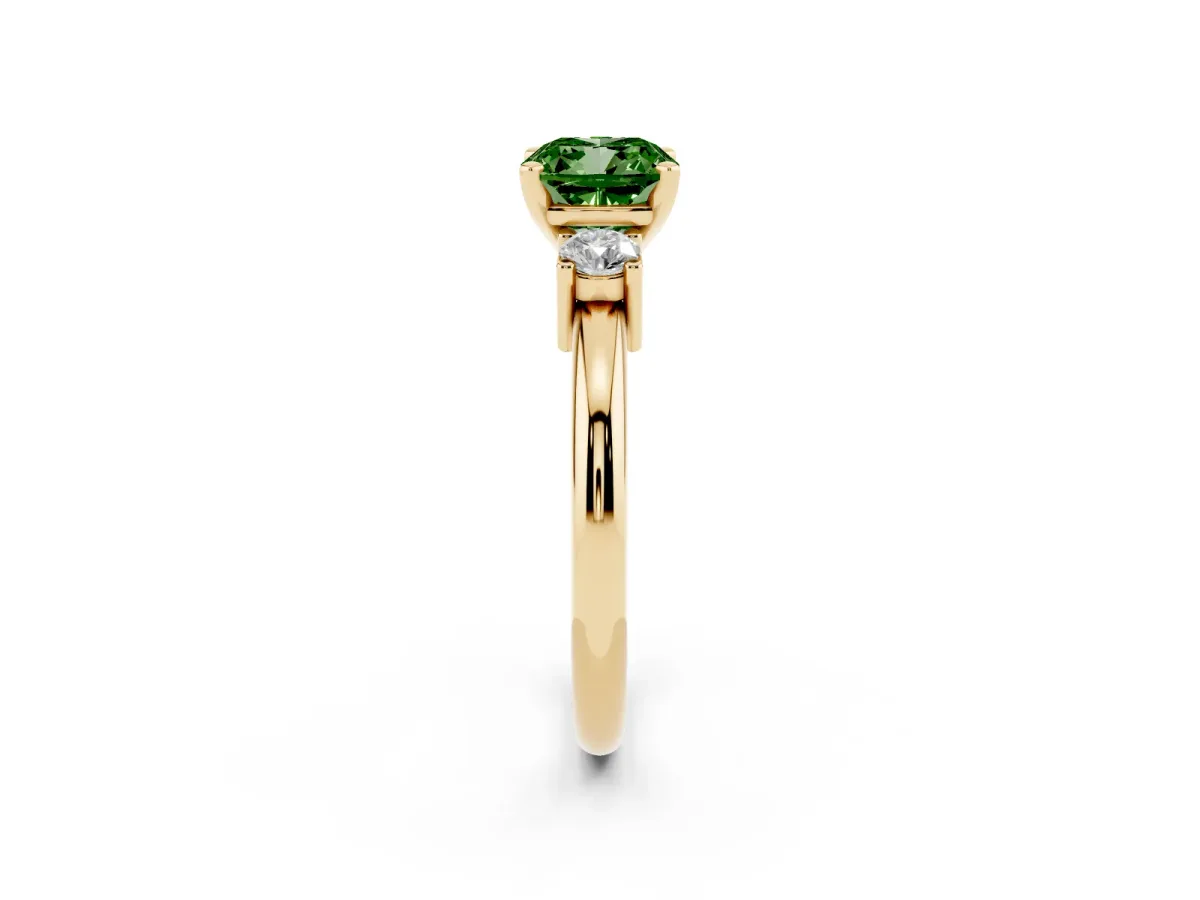 Fancy Green Three-Stone Cushion Cut Cut Diamond Solitaire with Prong Setting and Classic Band Yellow gold