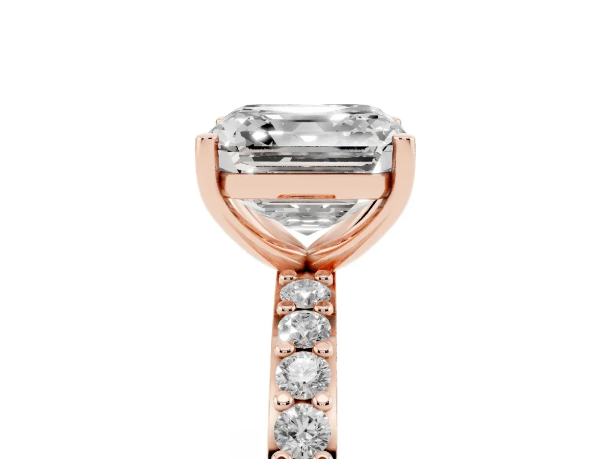 Asscher Cut Cut Diamond Solitaire with Pave Band and Four-Prong Setting Rose gold