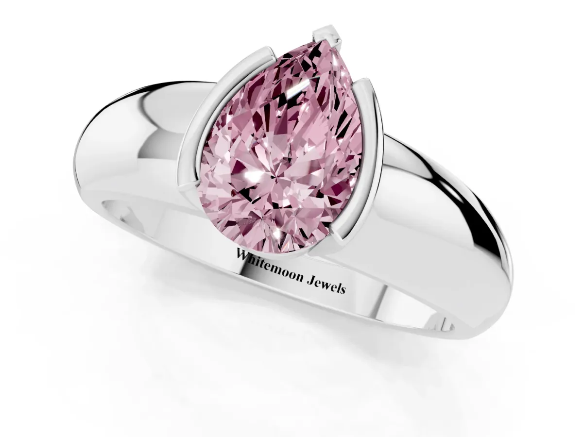 Fancy Pink Pear Cut Solitaire Tension Set Diamond Ring with Wide Band Platinum