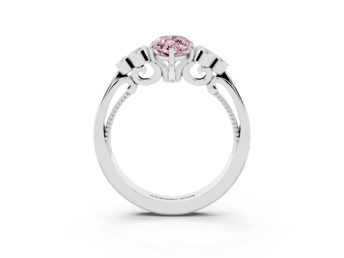 Fancy Pink Marquise Cut Cut Diamond Engagement Ring with Bezel Set Round Side Stones and Prong Setting White gold
