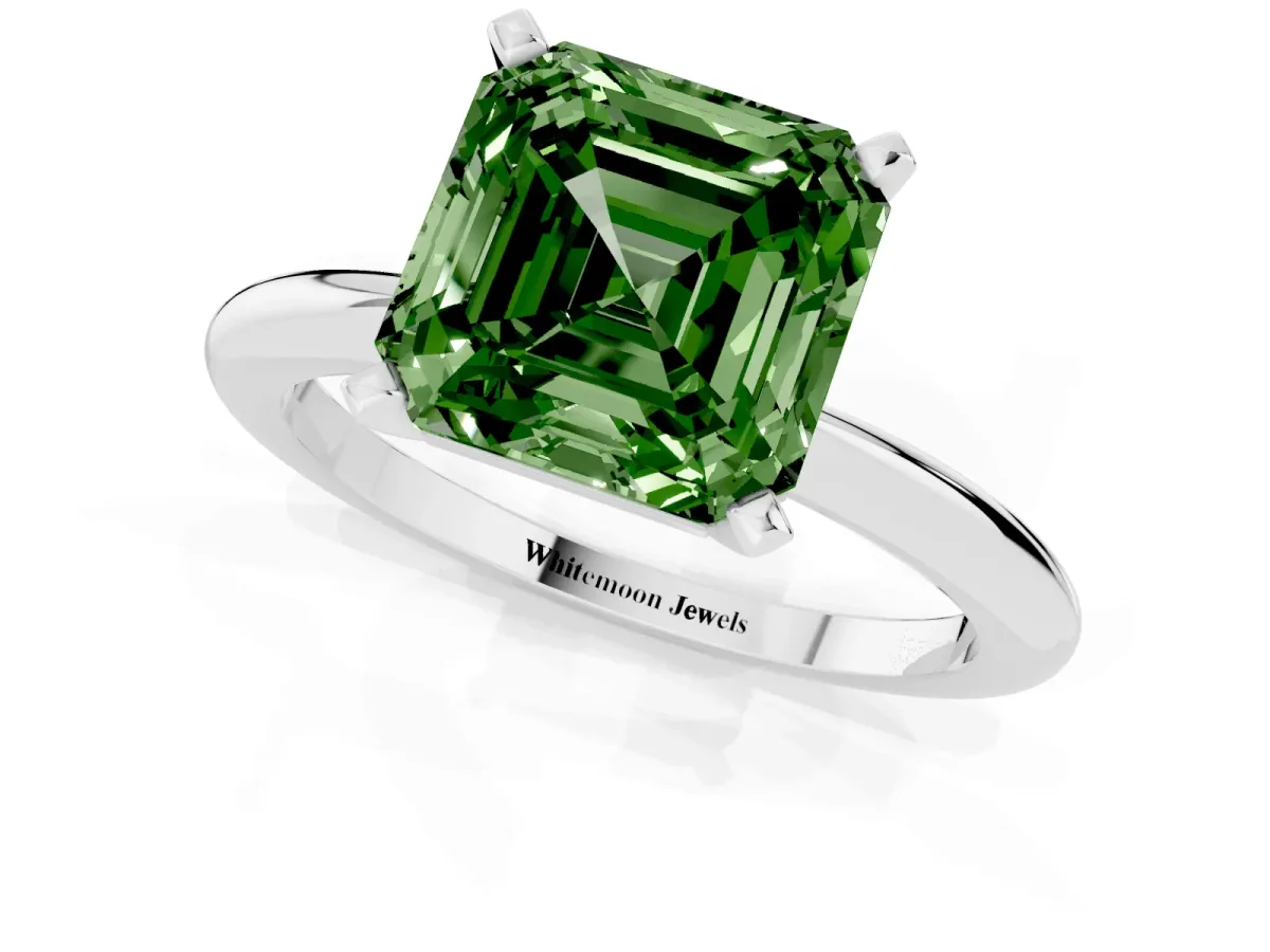 Fancy Green Asscher Cut Diamond Solitaire Ring with Prong Setting and Classic Band Silver