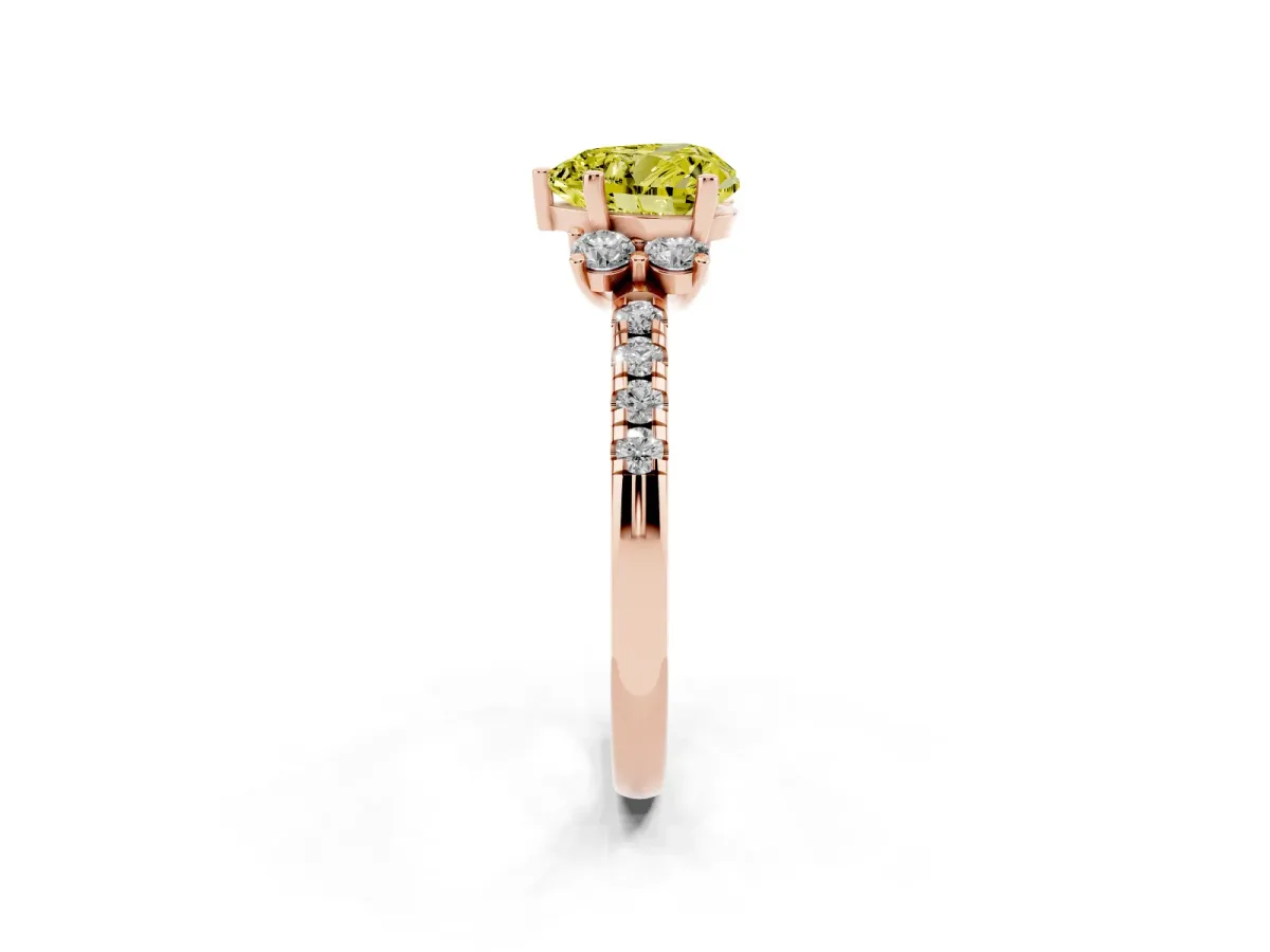 Fancy Yellow Heart Cut Diamond Three-Stone Pave Band with Four-Prong Setting Rose gold