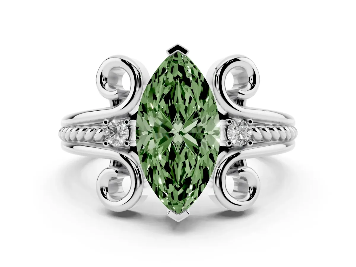 Fancy Green Marquise Cut Solitaire Twisted Band Scroll Prong Ring Platinum