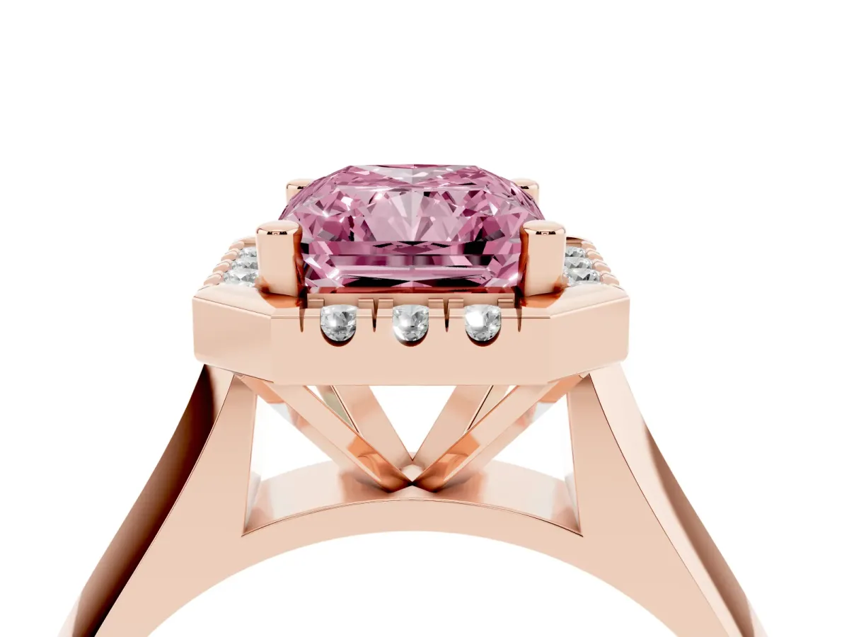 Fancy Pink Radiant Cut Cut Halo Solitaire Engagement Ring with Square Band and Four-Prong Setting Rose gold