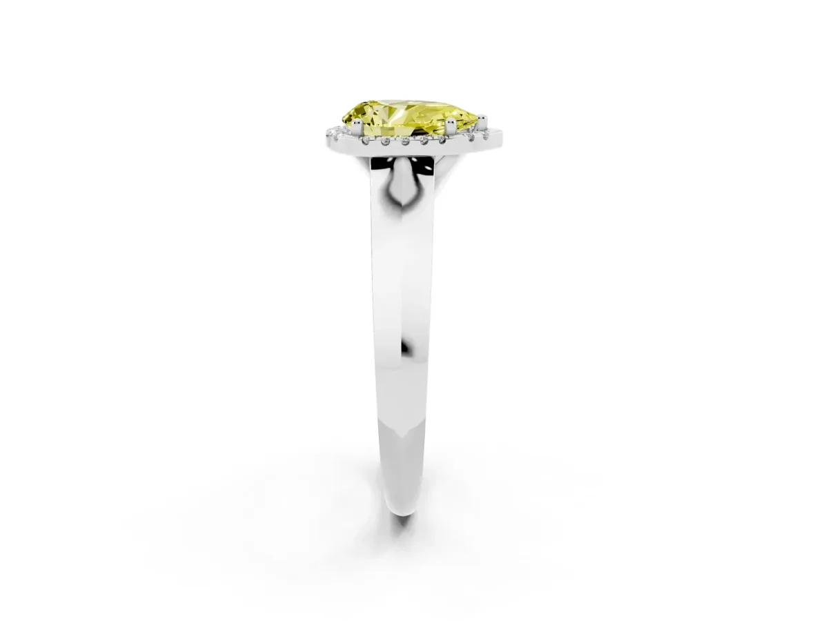 Fancy Yellow Pear Cut Halo Diamond Ring with Cathedral Band and Four-Prong Setting Silver