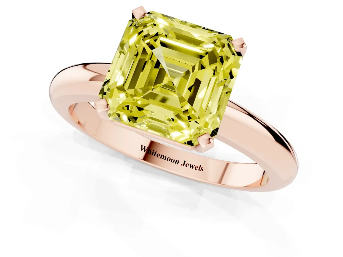 Fancy Yellow Asscher Cut Diamond Solitaire Engagement Ring with Round Band and Four-Prong Setting Rose gold
