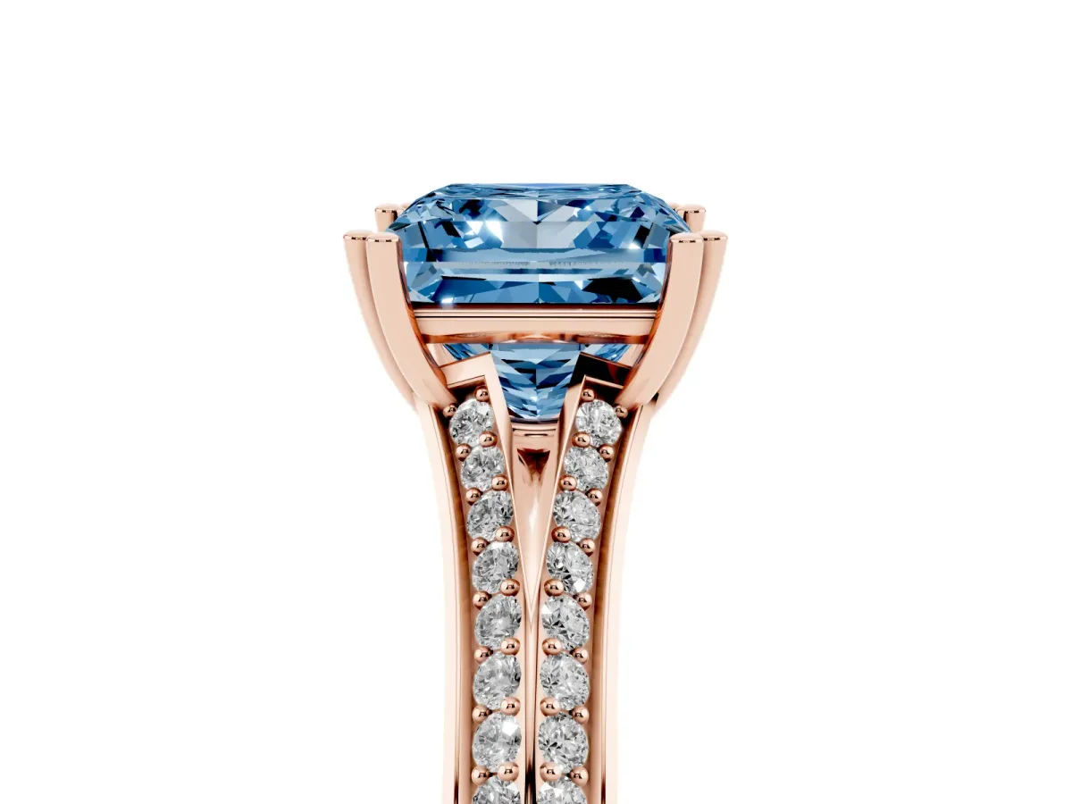 Fancy Blue Princess Cut Diamond Split Shank Engagement Ring with Pavé Band Rose gold