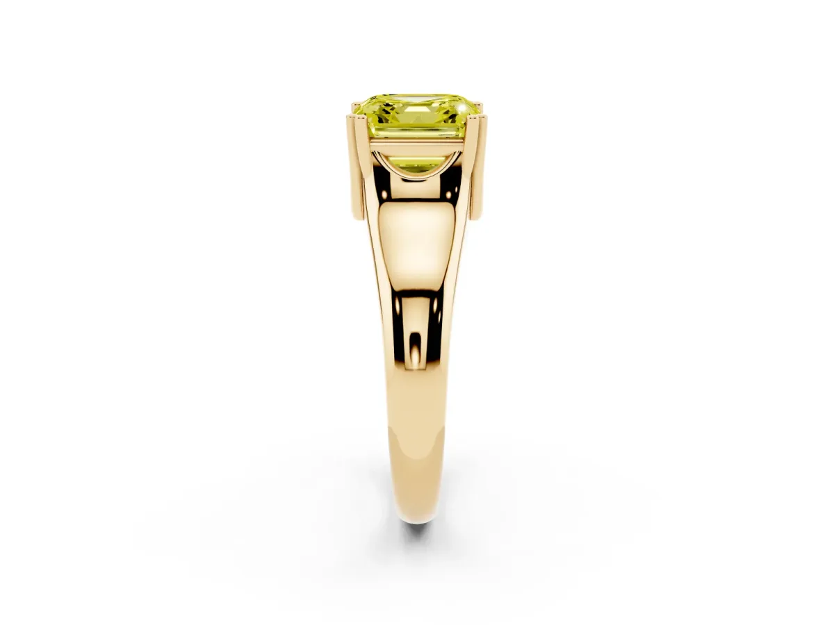 Fancy Yellow Asscher Cut Diamond Solitaire Ring with Wide Band and Prong Setting Yellow gold