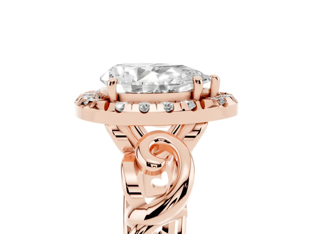 Pear Cut Cut Halo Diamond Ring with Scrollwork Band and Four-Prong Setting Rose gold