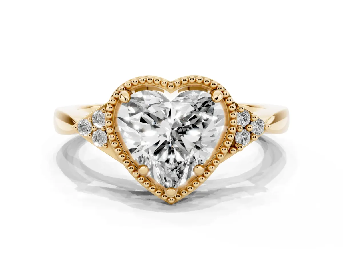 Heart Cut Diamond Halo Ring with Tapered Band and Four-Prong Setting Yellow gold
