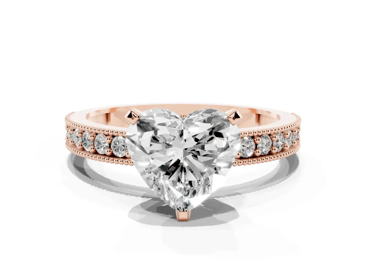 Heart Cut Diamond Milgrain Pavé Engagement Ring with Four-Prong Setting Rose gold