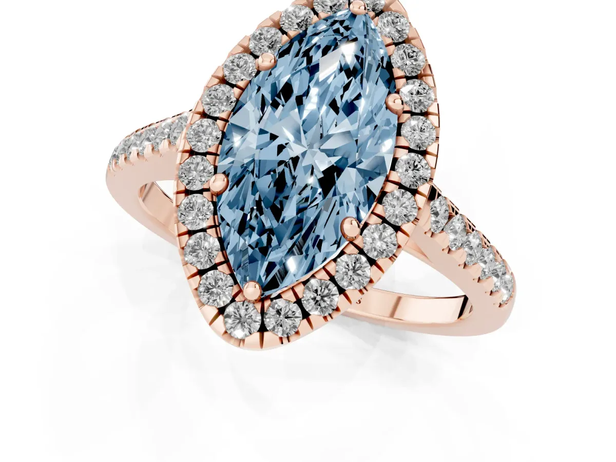 Fancy Blue Marquise Cut Halo Pavé Diamond Engagement Ring with Four-Prong Setting Rose gold