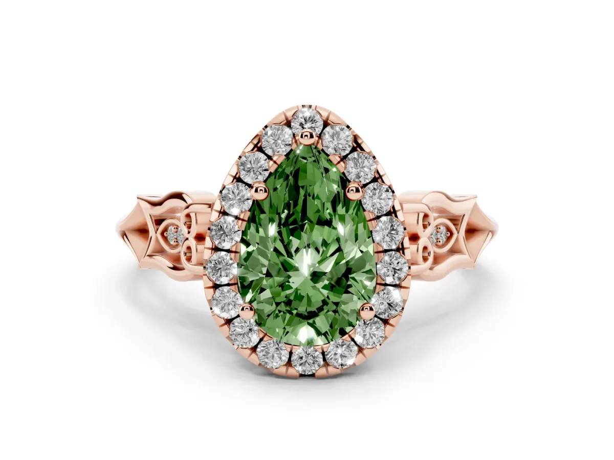 Fancy Green Pear Cut Halo Diamond Engagement Ring with Filigree Band and Four-Prong Setting Rose gold