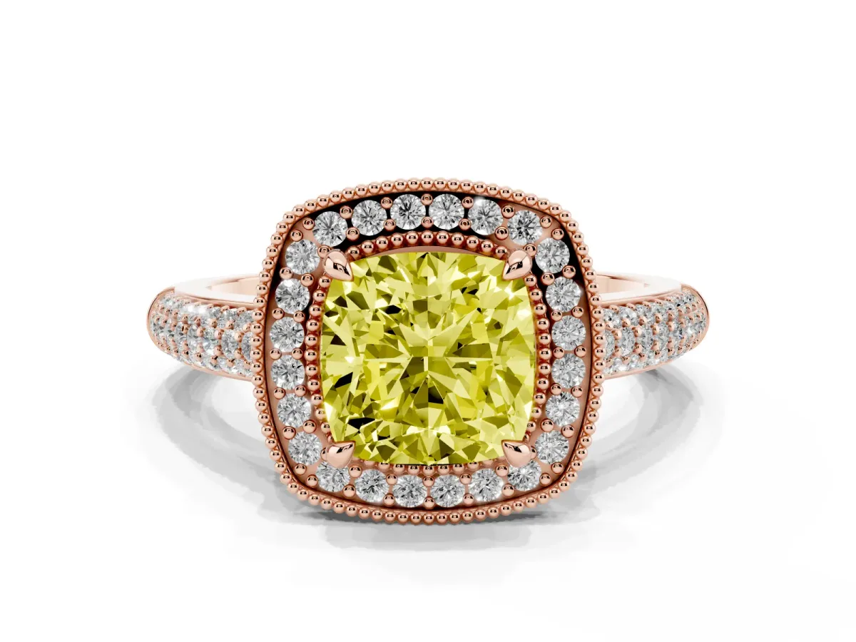 Fancy Yellow Cushion Cut Cut Halo Diamond Pave Band with Four-Prong Setting Rose gold