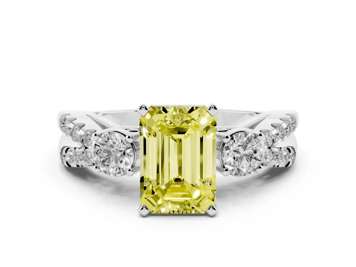 Fancy Yellow Emerald Cut Diamond Three-Stone Ring with Pavé Split Shank and Four-Prong Setting Silver