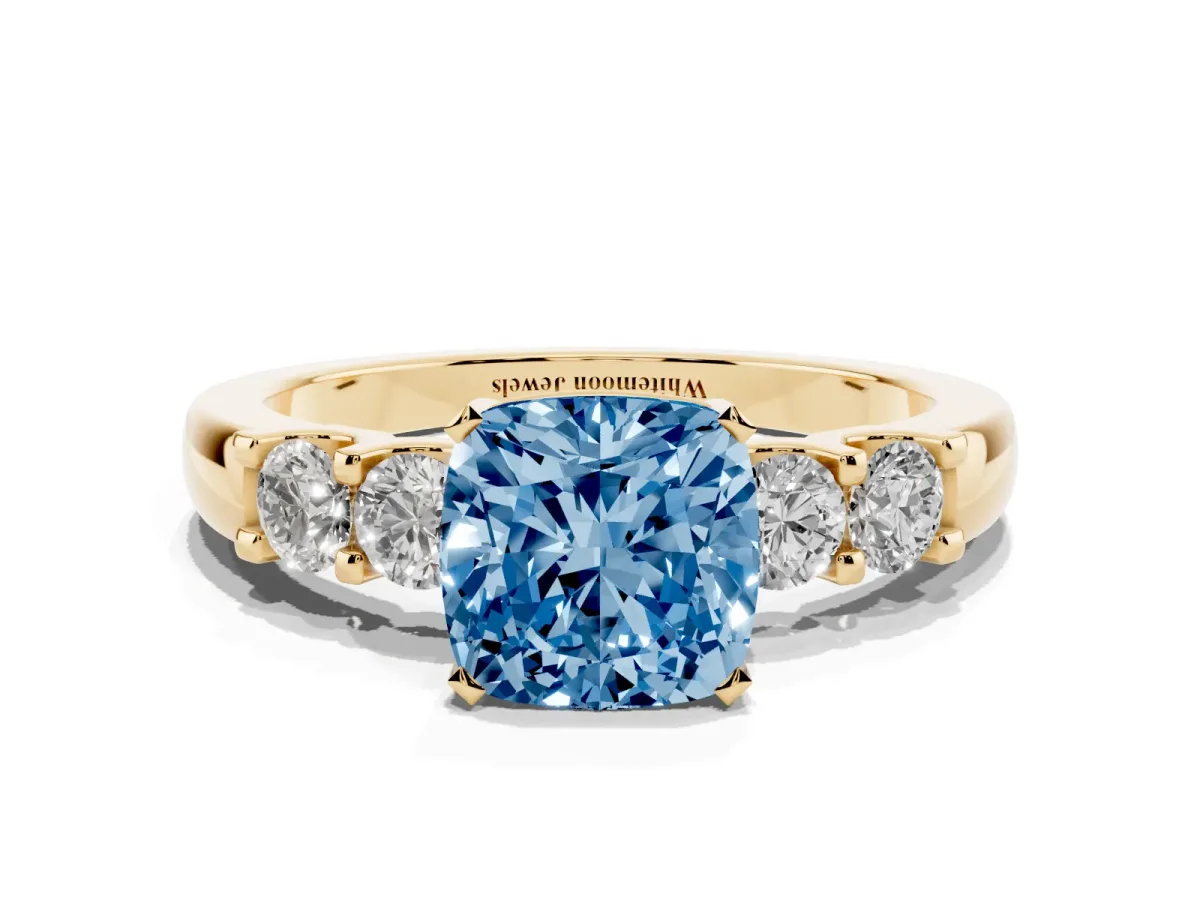 Fancy Blue Cushion Cut Brilliant Cut Diamond Five-Stone Prong Set Engagement Ring with Channel Band Yellow gold