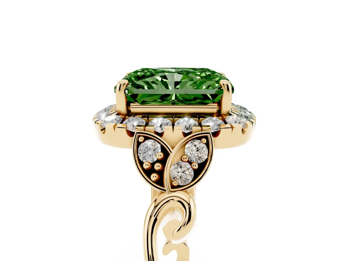 Fancy Green Radiant Cut Halo Diamond Engagement Ring with Vintage-Inspired Band and Four-Prong Setting Yellow gold