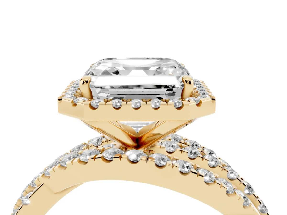 Asscher Cut Diamond Halo Ring with Round Split Shank and Prong Setting Yellow gold