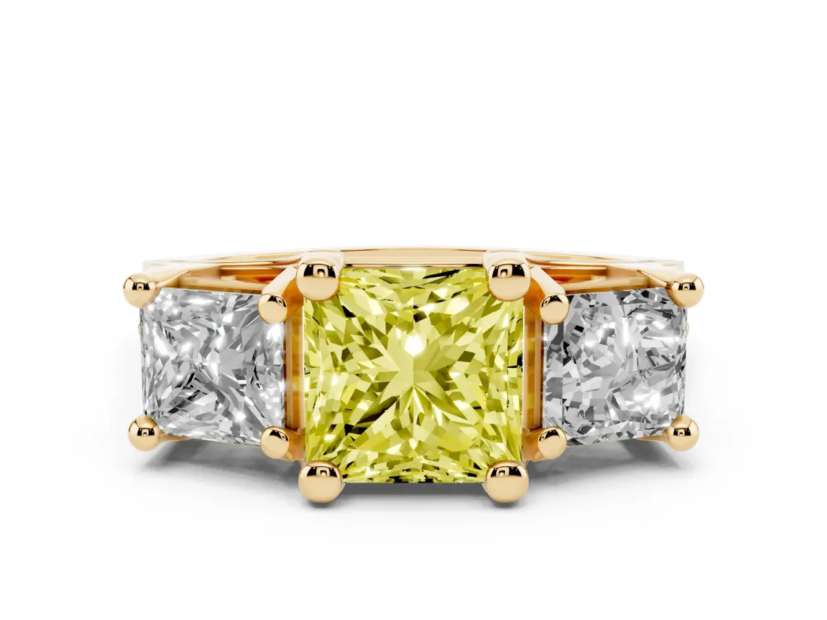 Fancy Yellow Princess Cut Diamond Three-Stone Ring with Channel Set Band and Four-Prong Setting Yellow gold