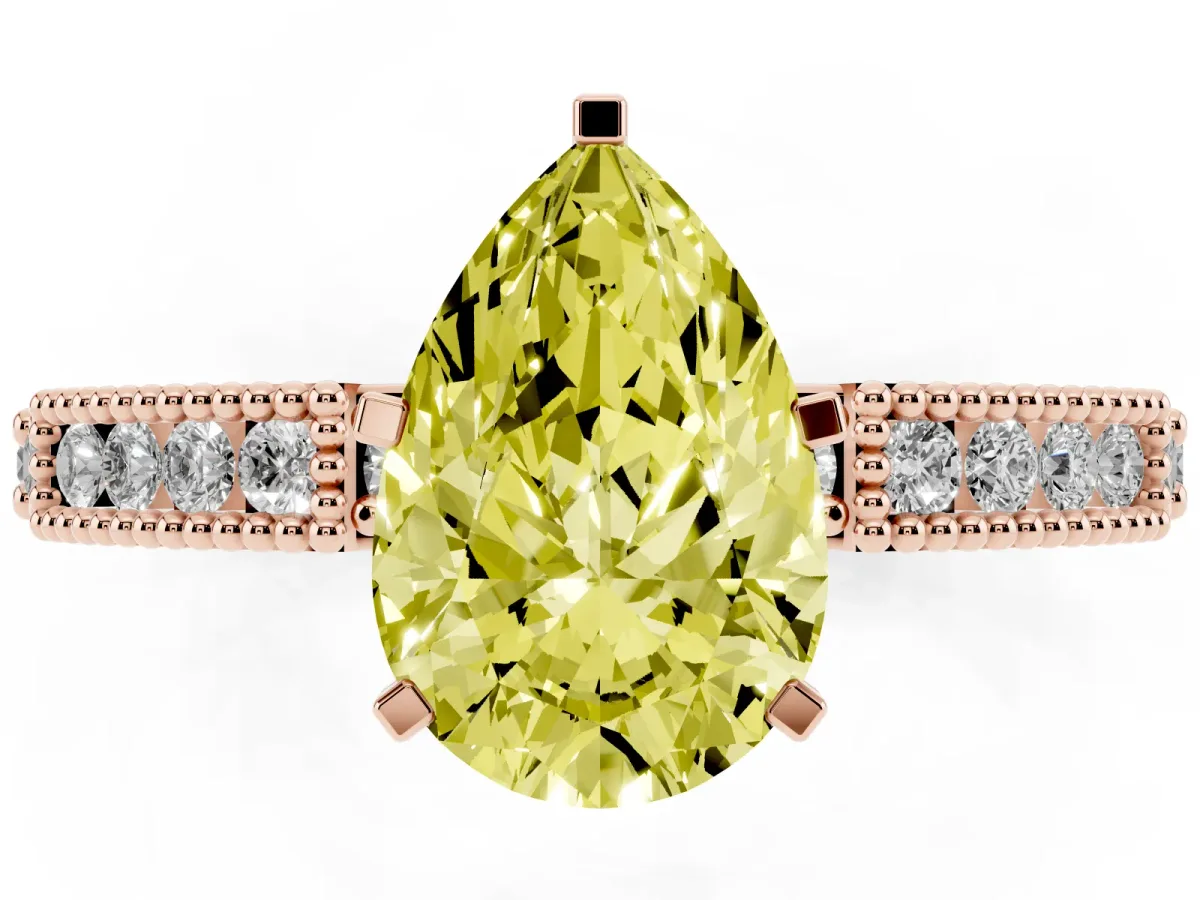 Fancy Yellow Pear Cut Solitaire with Pavé Band and Four-Prong Setting Rose gold