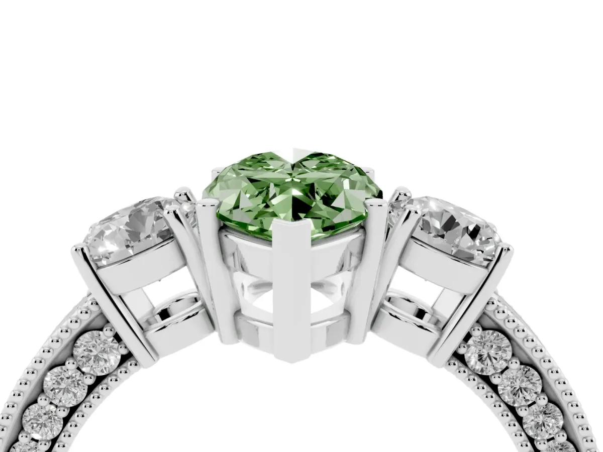 Fancy Green Marquise Cut Three-Stone Diamond Ring with Pavé Band and Four-Prong Setting Silver