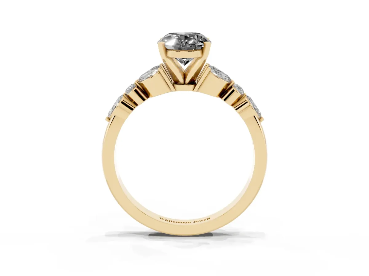 Fancy Black Oval Cut Diamond Solitaire Ring with Side Stones and Four-Prong Setting Yellow gold
