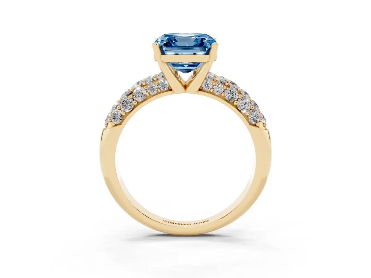 Fancy Blue Asscher Cut Diamond Pavé Band Solitaire Ring with Four-Prong Setting Yellow gold