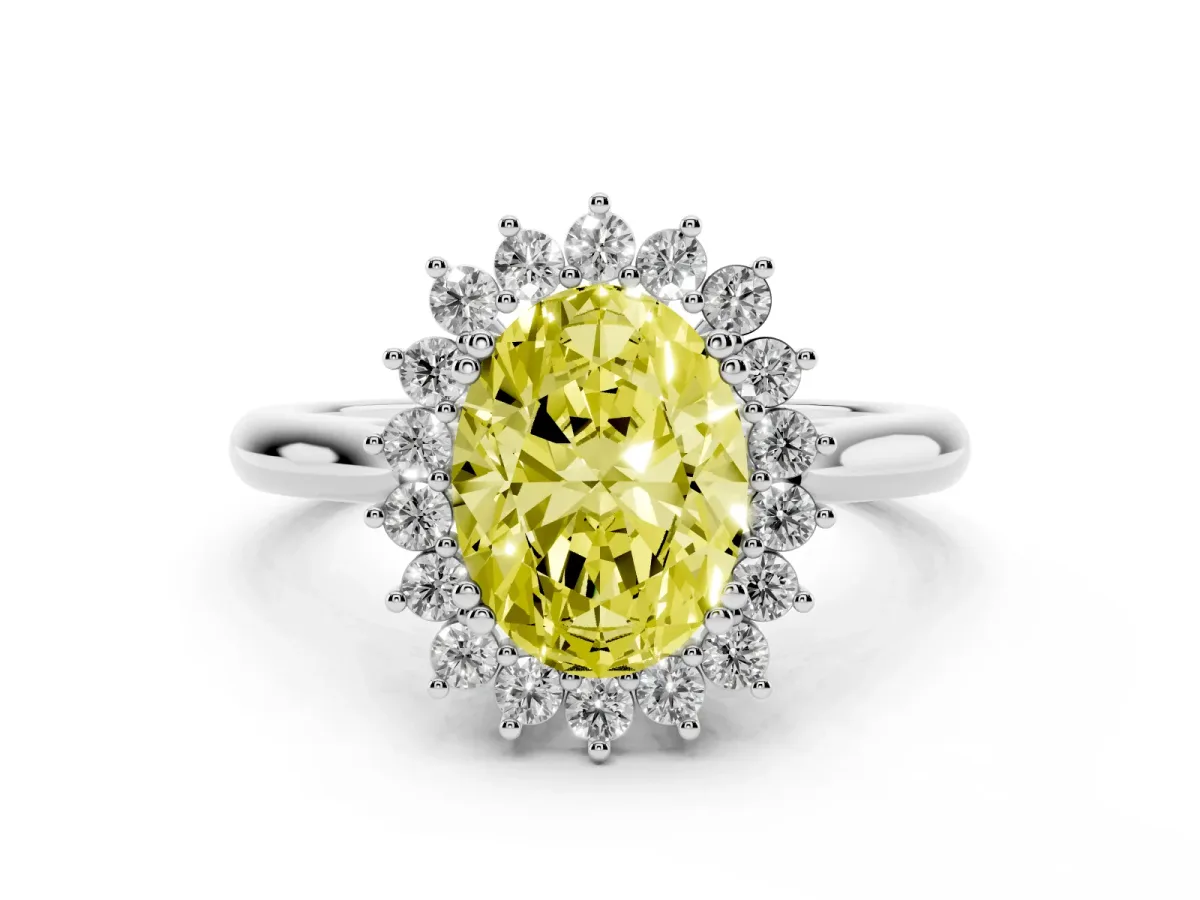 Fancy Yellow Oval Cut Cut Diamond Halo Ring with Solitaire Band and Prong Setting Platinum