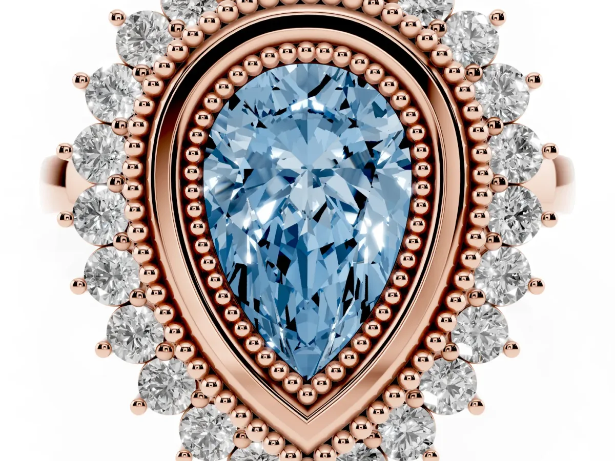 Fancy Blue Pear Cut Halo Diamond Ring with Milgrain Edge and Round Prong Setting Rose gold