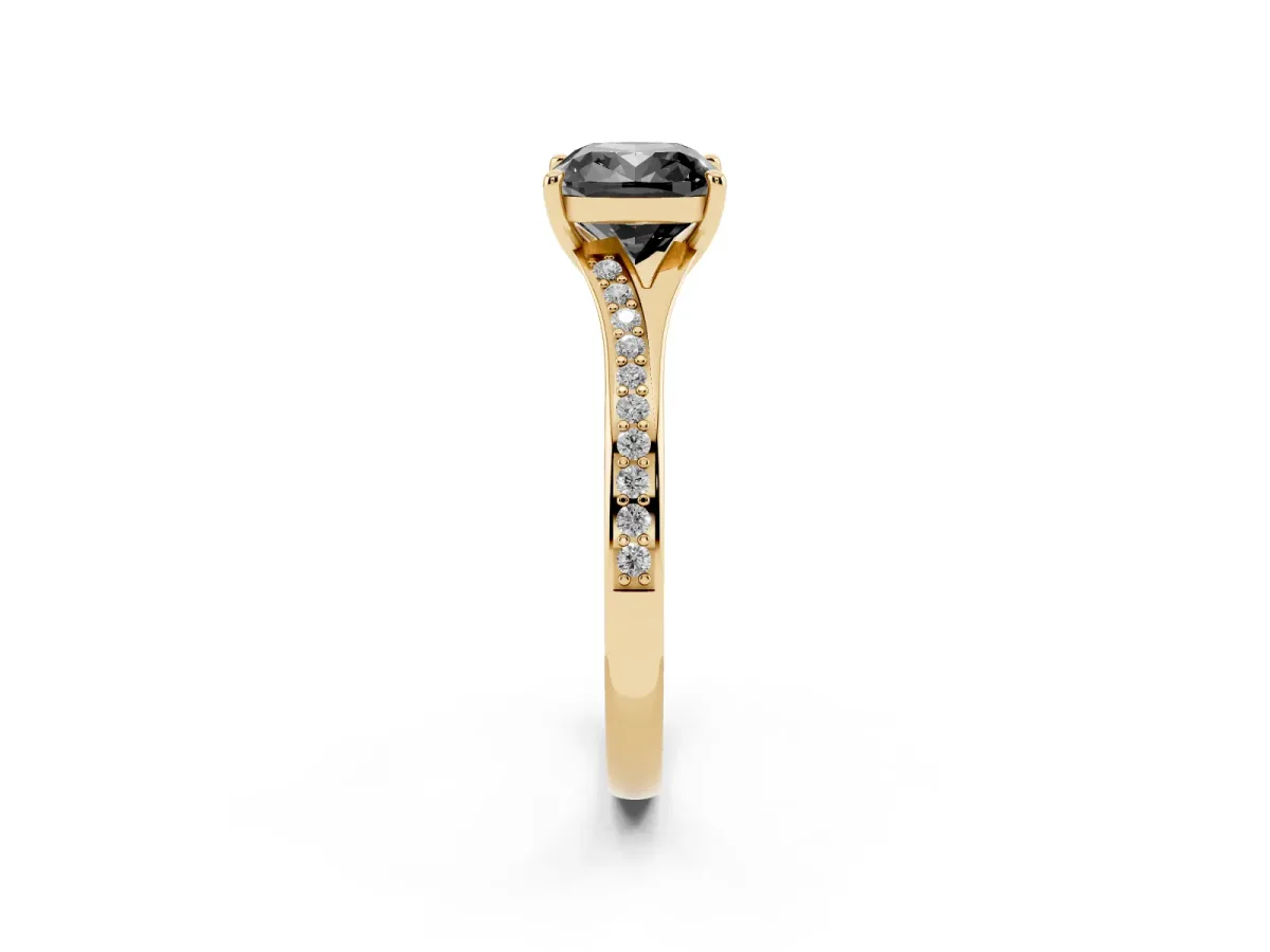 Fancy Black Cushion Cut Diamond Solitaire Ring with Pavé Band and Prong Setting Yellow gold