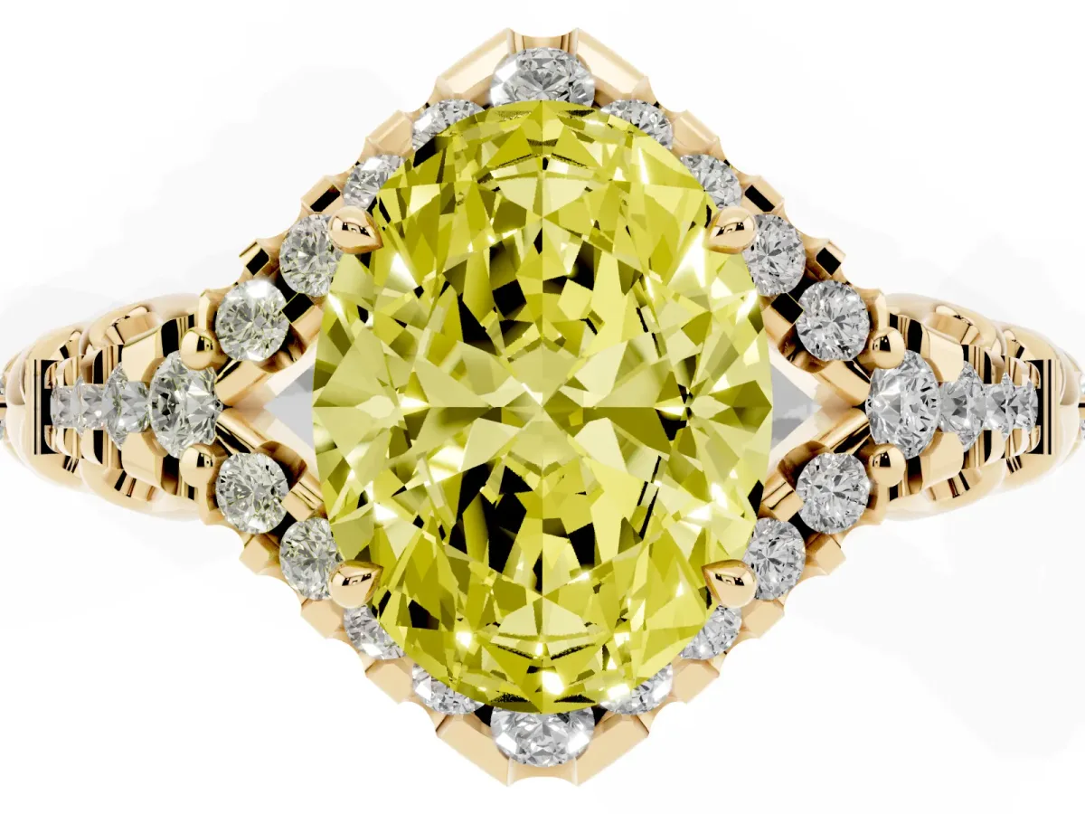 Fancy Yellow Oval Cut Diamond Solitaire Ring with Hidden Halo and Pavé Band Yellow gold