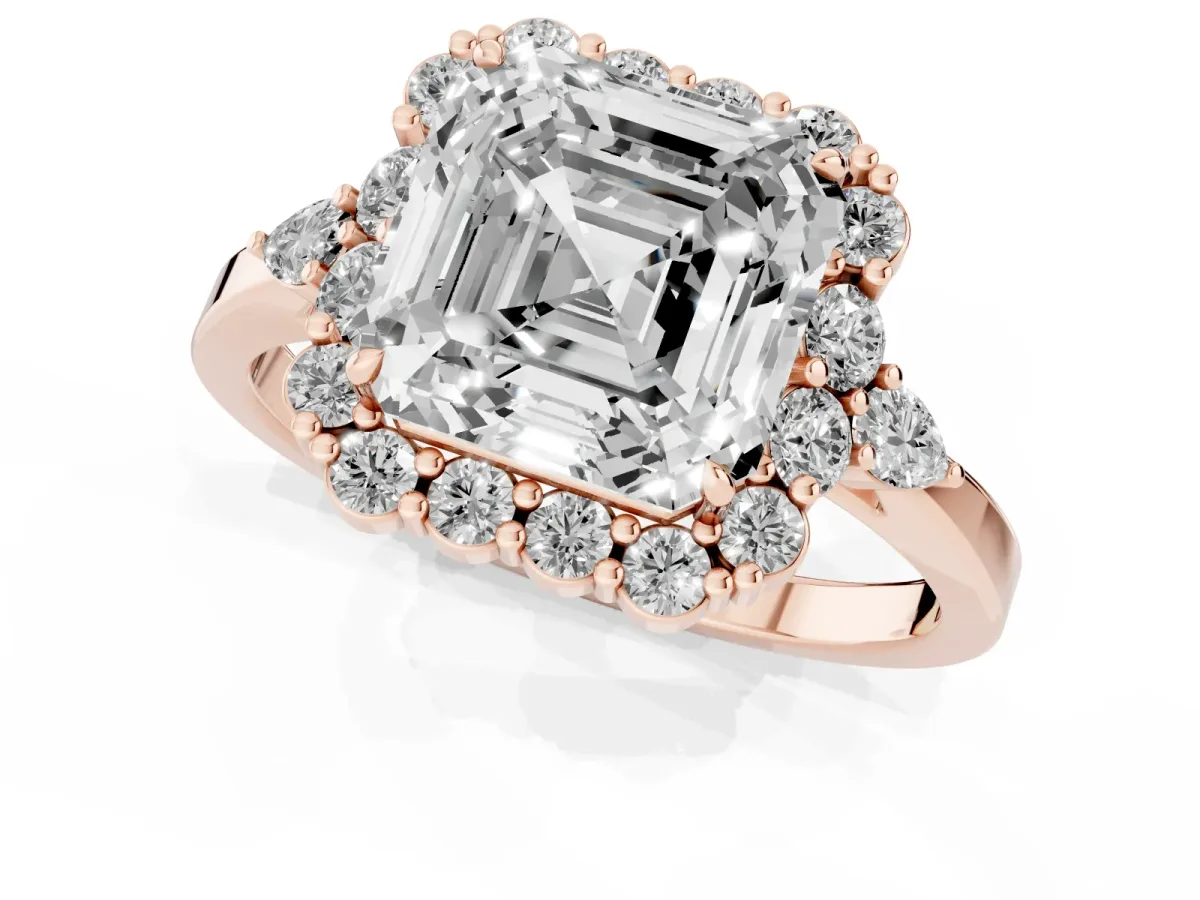 Asscher Cut Diamond Halo Ring with Pear Side Stones and Prong Setting Rose gold