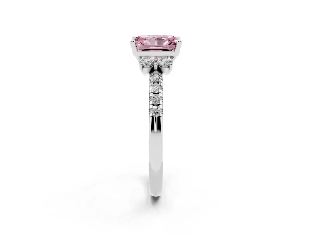Fancy Pink Radiant Cut Diamond Three-Stone Pave Band with Four-Prong Setting Silver