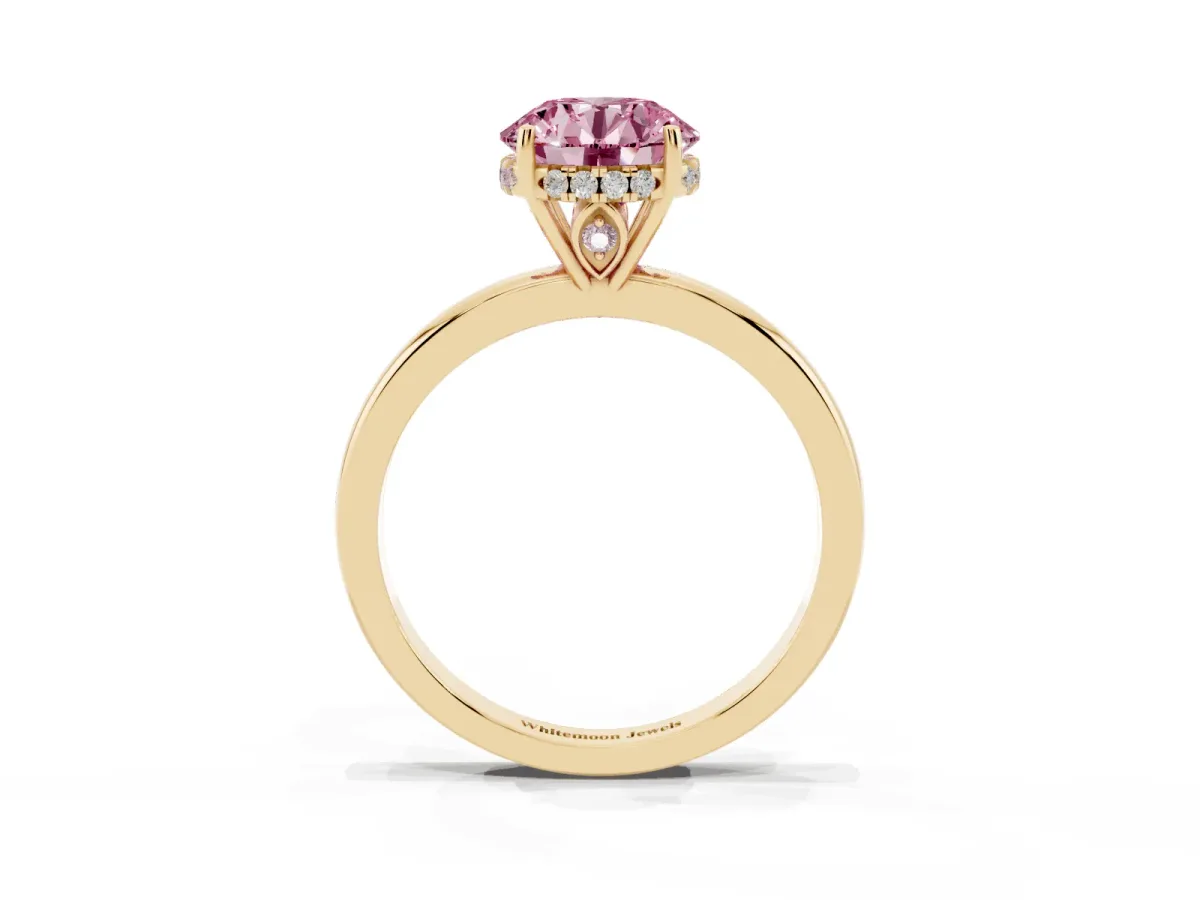 Fancy Pink Round Cut Solitaire Diamond Ring with Prong Setting and Plain Band Yellow gold