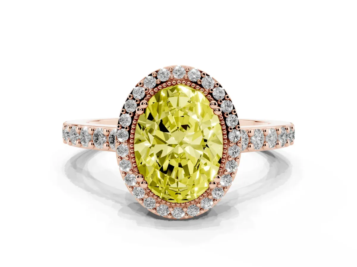 Fancy Yellow Oval Cut Cut Diamond Halo Engagement Ring with Milgrain Detail and Pavé Band Rose gold